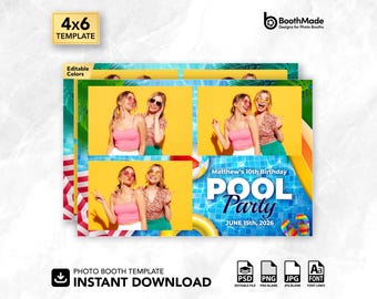 Plantilla para fotomatón de fiesta de verano en la piscina / Horizontal 4x6 / PSD + superposición PNG / Descarga digital