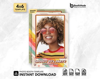 Groovy 70s Retro Party Photo Booth Template | 4x6 Vertical | PSD + PNG Overlay | Digital Download