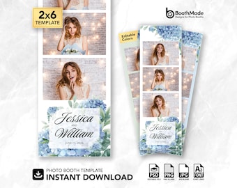 Plantilla para fotomatón de boda romántica con flores de hortensia azul / Tira de 2x6 / PSD + superposición PNG / Descarga digital