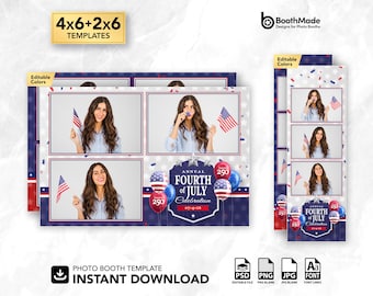 Plantilla patriótica para fotomatón del Día de la Independencia del 4 de julio / Formato horizontal de 4x6 y tira de 2x6 / PSD + superposición PNG / Descarga digital