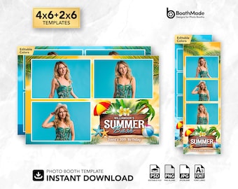 Plantilla para fotomatón de fiesta veraniega en la playa tropical / Horizontal 4x6 y tira 2x6 / PSD + superposición PNG / Descarga digital