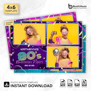 May include: A 4x6 photo booth template with a vibrant 80s theme. The design features a purple and teal background with a yellow photo frame. The template includes the text "Kathryn's 80's Birthday Party" and is available for instant download.