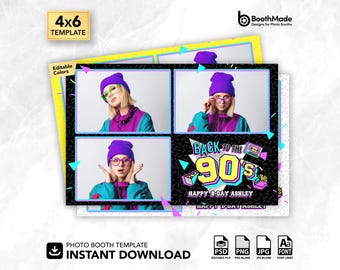 90s Pop Retro Photo Booth Template | 4x6 Horizontal | PSD + PNG Overlay | Digital Download
