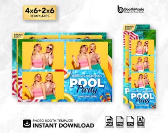 Plantilla para fotomatón de fiesta de verano en la piscina / Horizontal 4x6 y tira 2x6 / PSD + superposición PNG / Descarga digital