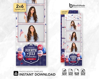 Plantilla para fotomatón patriótico del Día de la Independencia del 4 de julio / Tira de 2x6 / PSD + superposición PNG / Descarga digital