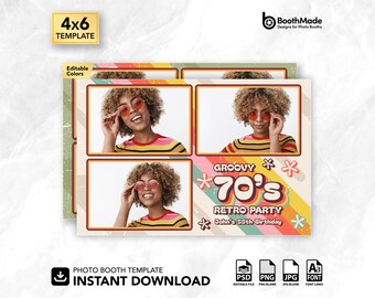 Groovy 70s Retro Party Photo Booth Template | 4x6 Horizontal | PSD + PNG Overlay | Digital Download