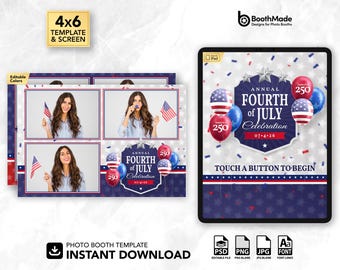 Plantilla y pantalla de bienvenida para fotomatón patriótico del Día de la Independencia del 4 de julio / Horizontal 4x6 / PSD + superposición PNG / Descarga digital