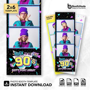 May include: A photo booth template with a 90s theme. The design features three photos of a person wearing a purple beanie and glasses. The text "BACK TO THE 90'S" and "HAPPY B-DAY ASHLEY" are displayed in a retro font. The template is a 2x6 design.