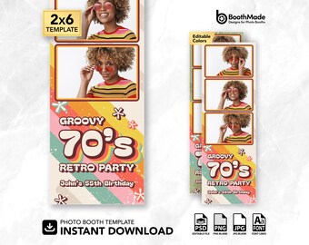 Groovy 70s Retro Party Photo Booth Template | 2x6 Strip | PSD + PNG Overlay | Digital Download