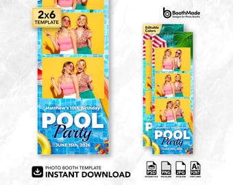 Plantilla para fotomatón de fiesta de verano en la piscina / Tira de 2x6 / PSD + superposición PNG / Descarga digital