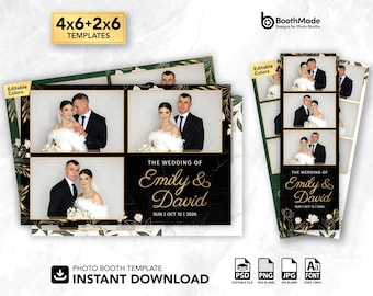 Black Marble and Gold Florals Elegant Wedding Photo Booth Template | 4x6 Horizontal & 2x6 Strip | PSD + PNG Overlay | Digital Download