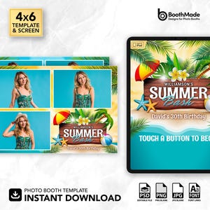 May include: A photo booth template with a summer theme. The design includes a 4x6 template and a screen display. The template features photos of a woman, a wooden sign that says "Summer Bash", and the text "Touch a button to begin".