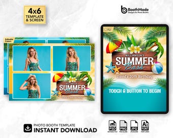 Plantilla para fotomatón y pantalla de bienvenida para fiesta de verano en la playa tropical / 4x6 horizontal / PSD + superposición PNG / Descarga digital