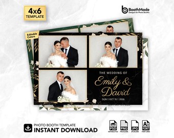 Black Marble & Gold Florals Elegant Wedding Photo Booth Template | 4x6 Horizontal | PSD + PNG Overlay | Digital Download