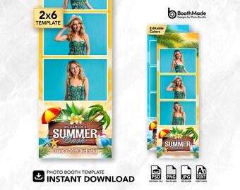 Plantilla para fotomatón de fiesta veraniega en la playa tropical / Tira de 2x6 / PSD + superposición PNG / Descarga digital