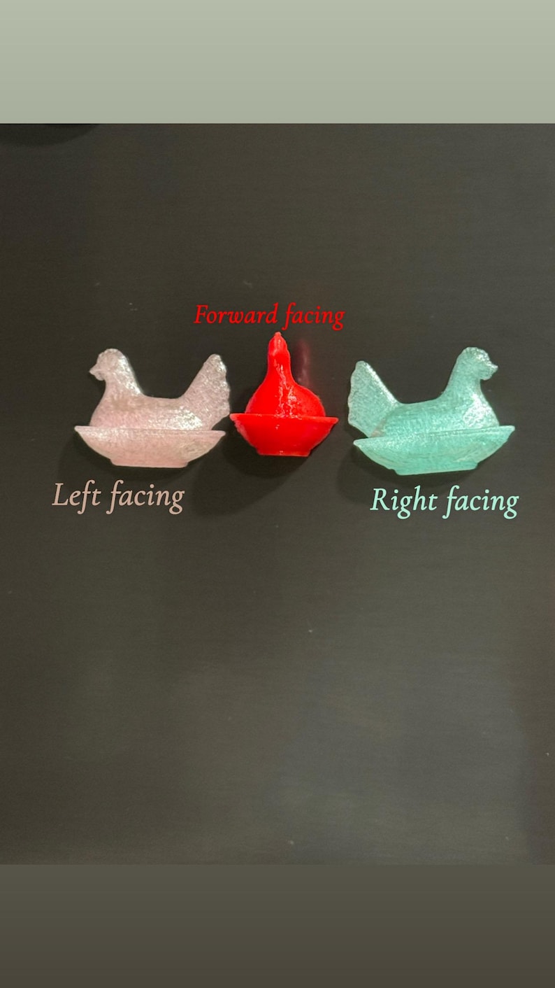 May include: Three small, decorative hen figurines in pink, red, and teal. The text "Forward facing", "Left facing", and "Right facing" are above and below the hens. The hens are on a dark surface.