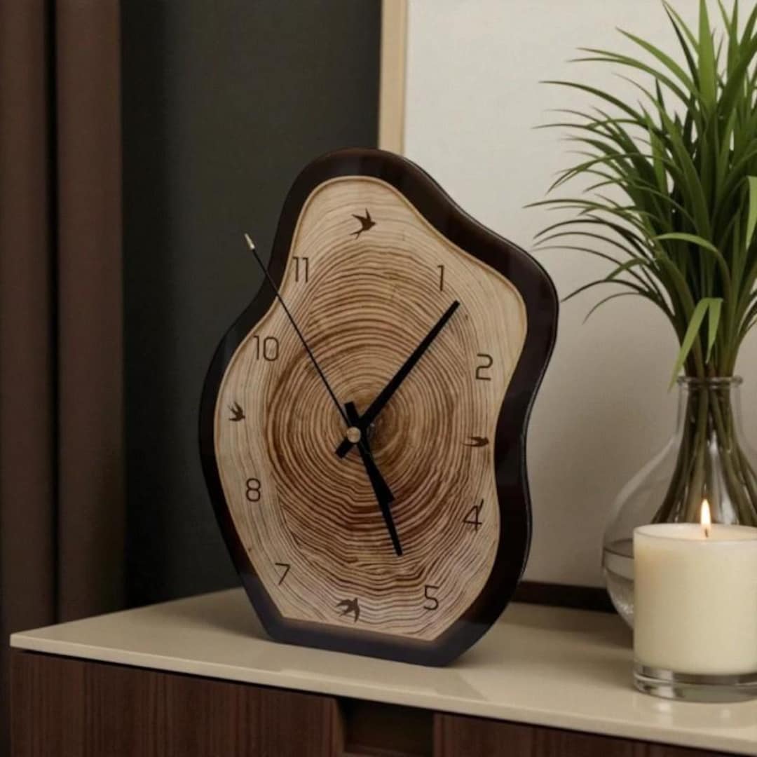Handcrafted Desk Clock Home Decor – Natural Wood Design, Unique Art ...