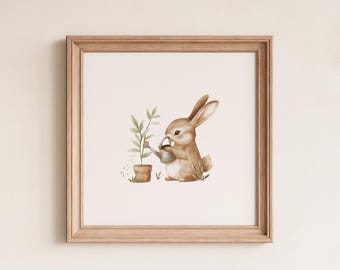 Rabbit Woodland Nursery Print, Bunny Antique Nursery Wall Art, Printable Kids Room Decor, Gender Neutral Print