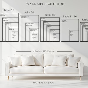 May include: Wall art size guide with dimensions in inches and centimeters. Includes ratios 2:3, 4:5, 3:4, 11:14, and A1-A4. A white sofa is below the guide. The text reads "sofa size is 92" (234 cm)".