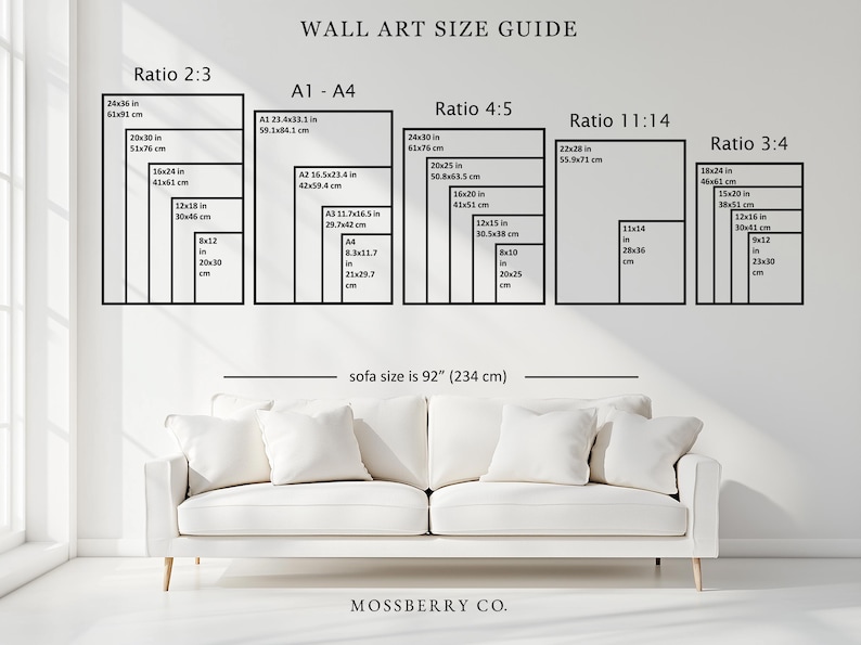 May include: Wall art size guide with dimensions in inches and centimeters. Includes ratios 2:3, 4:5, 3:4, 11:14, and A1-A4. A white sofa is below the guide. The text reads "sofa size is 92" (234 cm)".