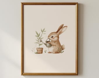 Rabbit Woodland Nursery Print, Bunny Antique Nursery Wall Art, Printable Kids Room Decor, Gender Neutral Print
