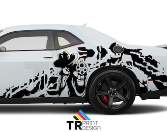 Include entrambi i lati - Adesivi laterali Dodge Challenger GunMan Grunge (coppia): kit di grafiche in vinile per modelli dal 2008 al 2023