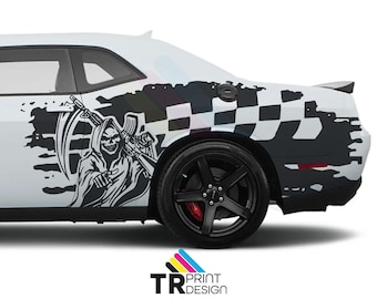 Include entrambi i lati - Adesivi laterali Dodge Challenger Reaper Grunge (coppia): kit di grafiche in vinile (adatto per modelli 2008-2023)