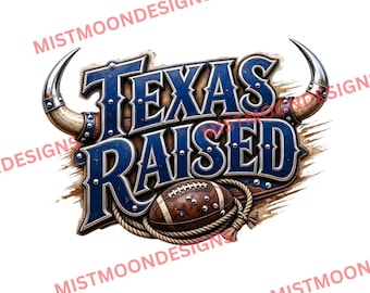 Texas Raised PNG | Texas Football Design | Football-Grafik mit Stierhörnern und Seil | Western-Spieltags-Shirt PNG | Digitaler Download für Texas-Fans