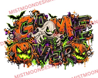 Game Over Halloween PNG | Gruseliger Geister-Gamer mit Controller | Graffiti-Gaming-Design | Kürbis- und Fledermaus-Gamer-Shirt PNG | Digitaler Download