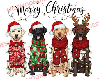 Feliz Navidad Labrador Retriever PNG / Descarga digital / Clipart de perro festivo / Lindo arte navideño de Labrador Retriever / Suéter navideño de Papá Noel