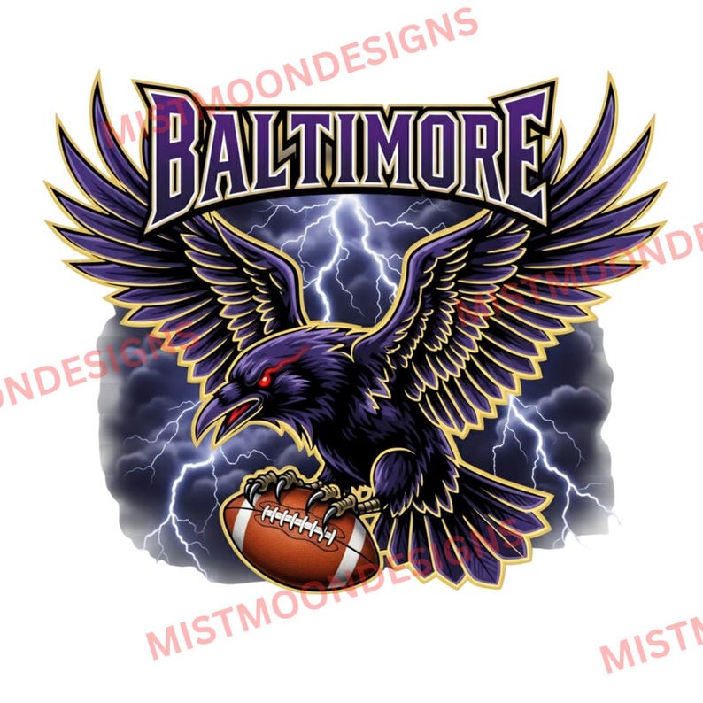 May include: A graphic design featuring a purple raven with red eyes, holding a football. The word "BALTIMORE" is displayed above the raven in purple and white. Lightning bolts and dark clouds form the background.