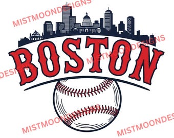 Boston Baseball PNG | Red Arched City Text With Skyline Silhouette | Classic Baseball Graphic Game Day Design | Digital Download