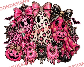 Boo-Geister (PNG) | Geister-Trio im Leopardenmuster | Halloween-Design mit rosa und schwarzer Schleife | Glitzerndes Gothic-Halloween-Shirt für Mädchen | Digitaler Download