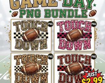 Game Day Touch Down PNG Bundle | 4 Football Designs | Camo & Animal Print Game Day Graphics | Football Shirt PNG | Digital Download