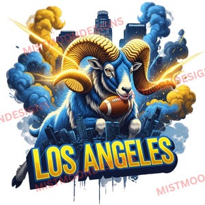 Puede incluir: Ilustración digital de un carnero azul sosteniendo un balón de fútbol, con el texto "LOS ANGELES" en amarillo y azul. El fondo presenta un paisaje urbano y nubes estilizadas en azul y amarillo.
