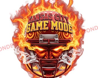 Kansas City Game Mode PNG | Flaming Helmet Football Design | Chiefs Inspired Sublimation | Fiery Game Day Clipart for Shirts & Merch
