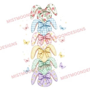 May include: A stack of six bunny-shaped designs with patterned bodies and large bows. The bunnies feature floral, gingham, polka dot, and striped patterns in pastel colors. Butterflies and the text "MISTMOONDESIGNS" are also present.