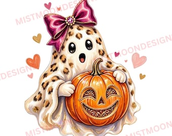 Leopardengeist (PNG) | Halloween-Geist mit rosa Schleife umarmt Kürbis | Niedliches Halloween-Design für Mädchen | Gruseliges T-Shirt (PNG) | Digitaler Download
