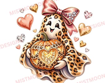 Glitzernder Leopardengeist (PNG) | Rosa Strassschleife & Kürbis mit Edelsteinen | Funkelndes Halloween-Design | Gruseliges Shirt für Mädchen | Digitaler Download