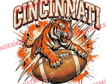 Cincinnati Football Tiger PNG | Gritty Tiger Biting Football | Spray Paint Sports Design | Fan Art Graphic | Digital Download