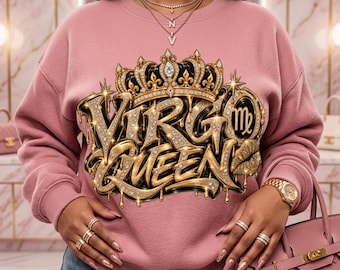 Jungfrau-Königin (PNG) | Strasskrone | Glitzernde Typografie | Sternzeichen Jungfrau | Funkelnde Lippen | Glamouröses Astrologie-Shirt (PNG)