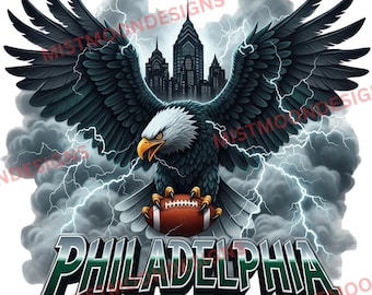 Philadelphia Eagle Football PNG | Lightning Skyline Sports Art | Fierce Eagle Holding Football Clipart | Philly Fan Sublimation Design