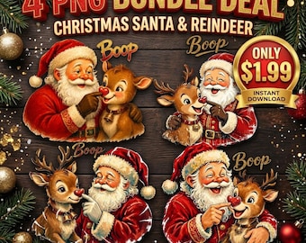 Boop Weihnachts-PNG-Bundle (4er-Pack) | Weihnachtsmann & Rentier-Motive | Lustige Weihnachts-Shirt-Grafiken | PNG-Dateien für die Weihnachts-Sublimation | Sofort-Download