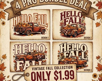 Vintage Herbst-PNG-Bundle | 4 Kürbis-Truck-Designs | Oranger Truck & Sonnenblumen-Herbstgrafiken | Herbst-Shirt-PNG | Digitaler Download