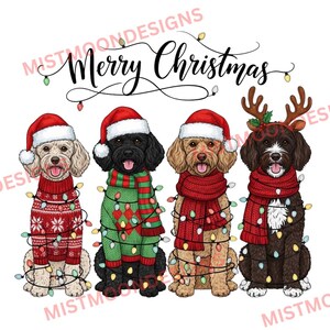 Puede incluir: Ilustración digital de cuatro perros vestidos para Navidad. Cada perro lleva un gorro de Papá Noel y un jersey o bufanda festivos. Luces de cadena los rodean. Las palabras "Merry Christmas" están escritas encima.