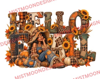 Herbstliches Vogelscheuchenmädchen (PNG) | Rustikales Kürbis- und Sonnenblumen-Herbstdesign | Herbstliche Bauernhaus-Grafik | Gemütliches Ernte-Shirt (PNG) | Digitaler Download