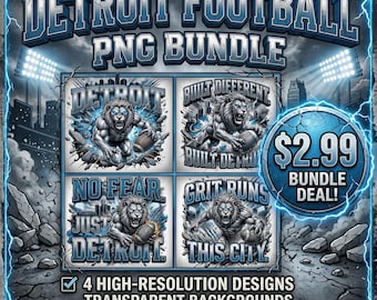 Detroit Football PNG Bundle | 4 Fierce Lion Fan Designs | Football Shirt PNG Bundle | Game Day Graphics | Digital Download