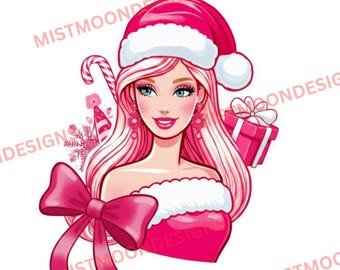 Pink Doll Santa PNG | Christmas Doll Clipart | Candy Cane Bow Gift Illustration | Cute Holiday Sublimation | Girly Xmas Design