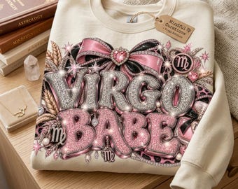 Jungfrau-Schönheit (PNG) | Glitzerndes 3D-Design mit Jungfrau-Sternzeichen | Rosa-schwarze Schleifen & Leopardenmuster | Glamouröses Astrologie-Shirt (PNG) | Digitales Jungfrau-Design