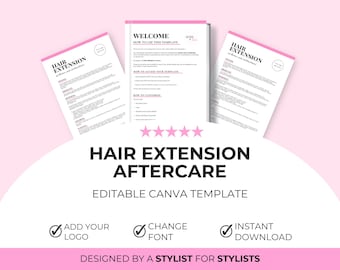 Instruções de cuidados pós-aplicação de extensões de cabelo | Guia de cuidados para cabeleireiros | Modelo editável no Canva | Download digital